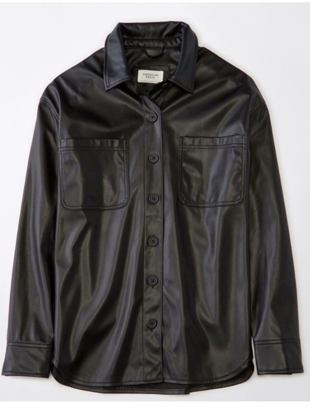 American Eagle Oversized Vegan Leather Shacket‎ Black Long Sleeve Large ButtonUp